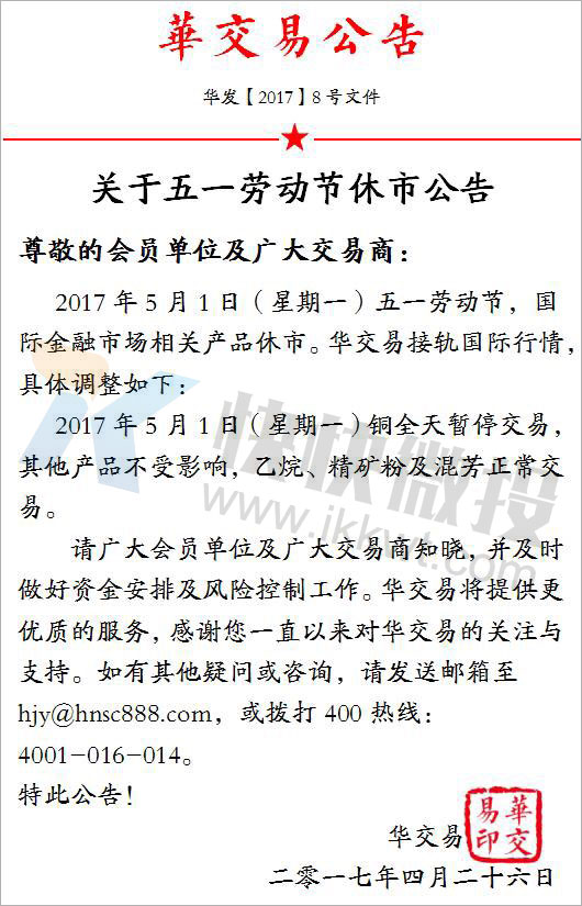 微交易华交易关于五一劳动节交易时间调整的公告